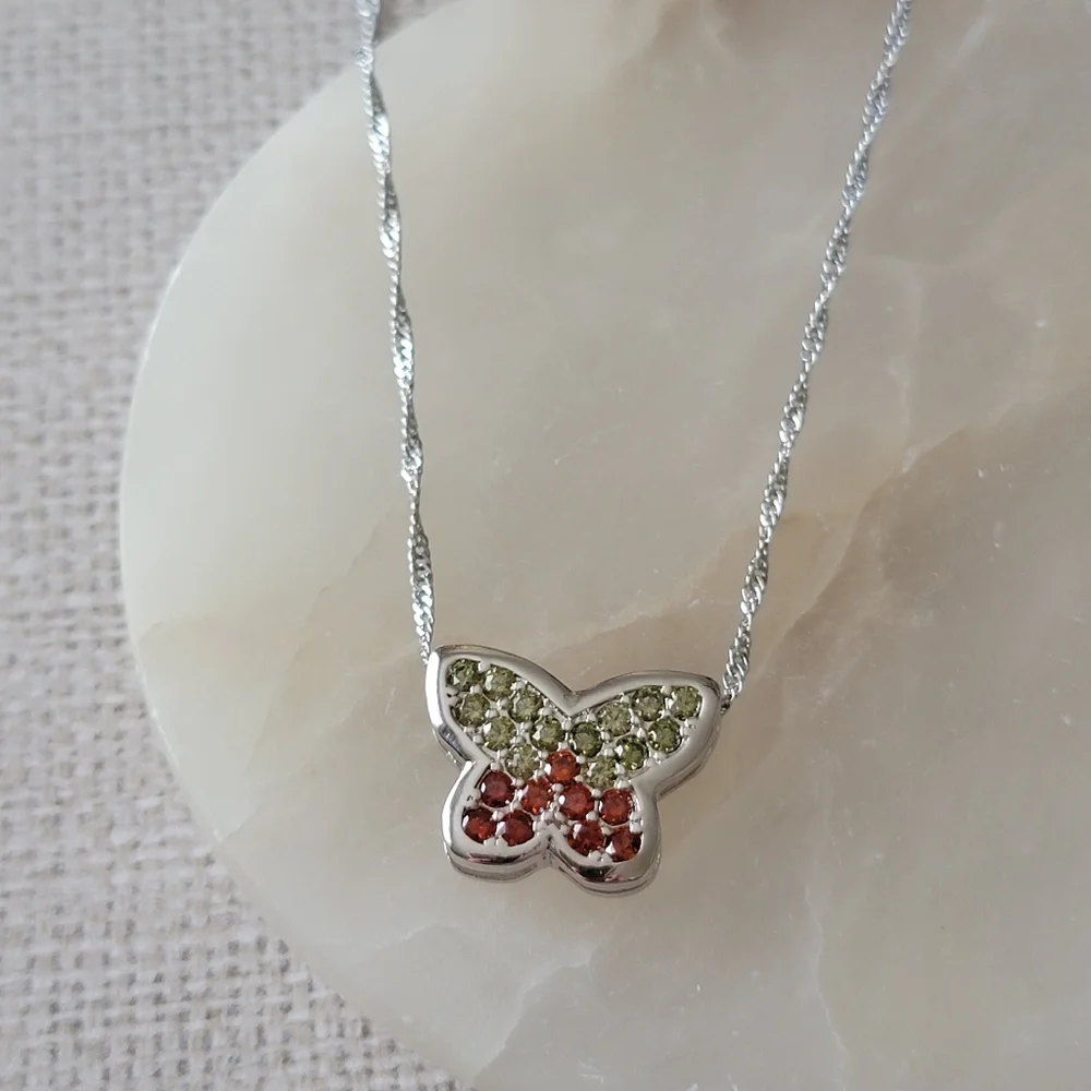 Gemstone Pave Butterfly Necklace Red and Green 18k white gold filled 925 Silver